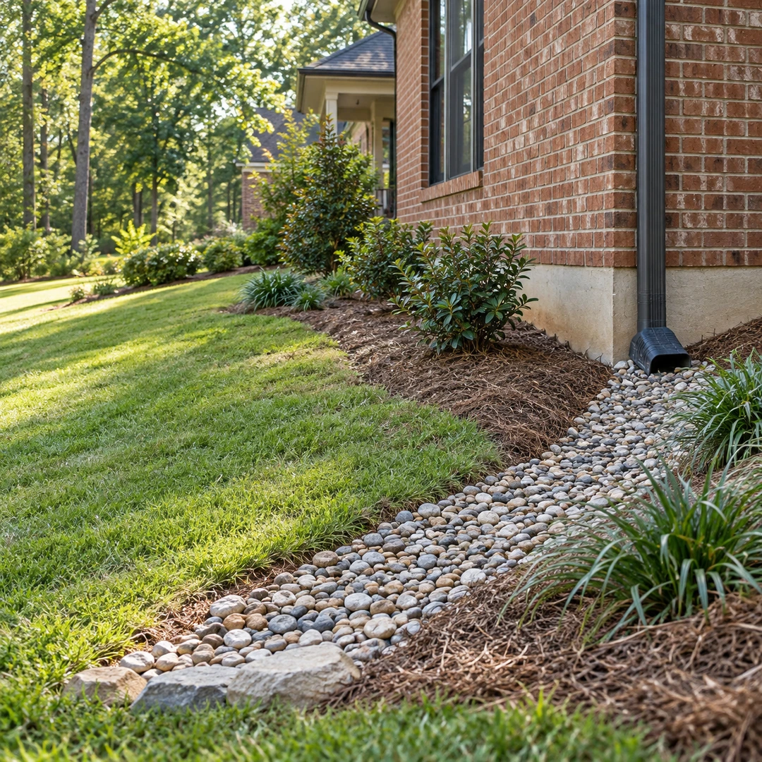 residential brick foundation with a gently sloped exterior lawn and a shallow gravel runoff route leading away from the house