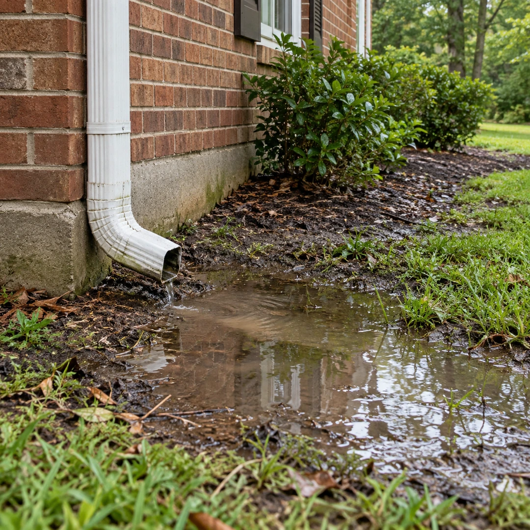 shallow rainwater pooling in soil beside a residential brick foundation with a visible downspout and surrounding exterior grade