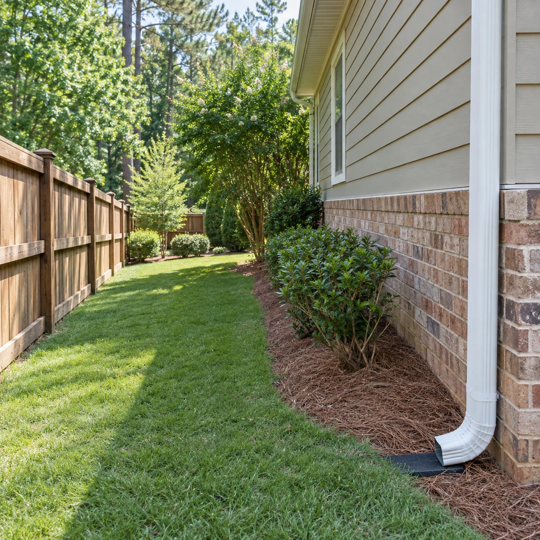 wide Georgia side yard showing the house foundation, fence, downspout and unobstructed access lawn for exterior drainage review