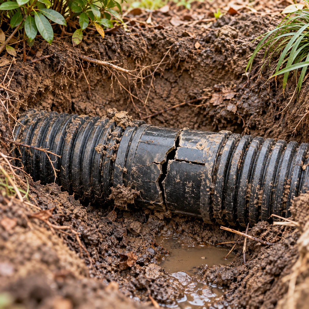 a close view of a cracked corrugated drainage pipe coupling exposed in a neat shallow residential excavation with surrounding damp soil