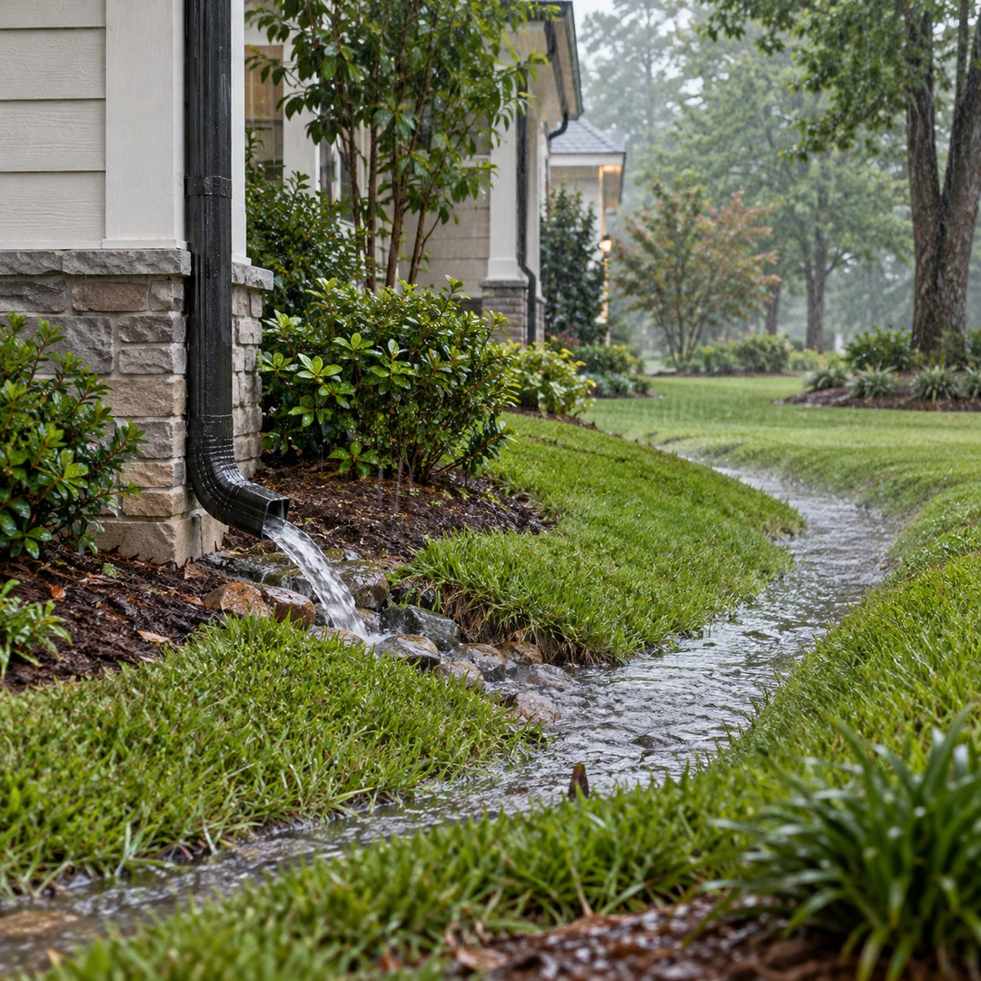 a residential home exterior during light rain showing water flowing away through a maintained lawn swale with clear downspout discharge