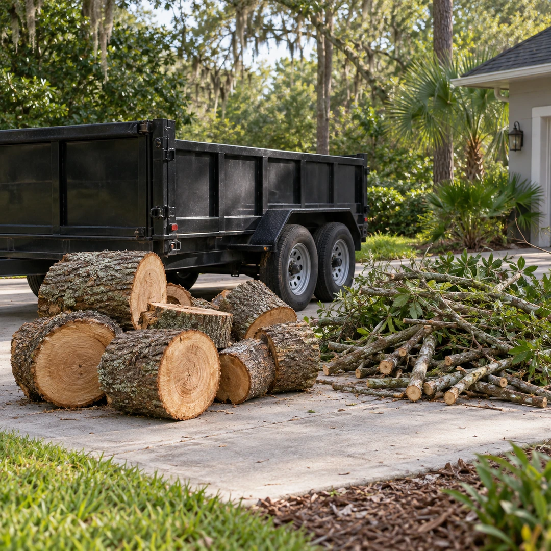 cut hardwood rounds and smaller branches neatly staged beside a parked plain black dump trailer on a residential driveway