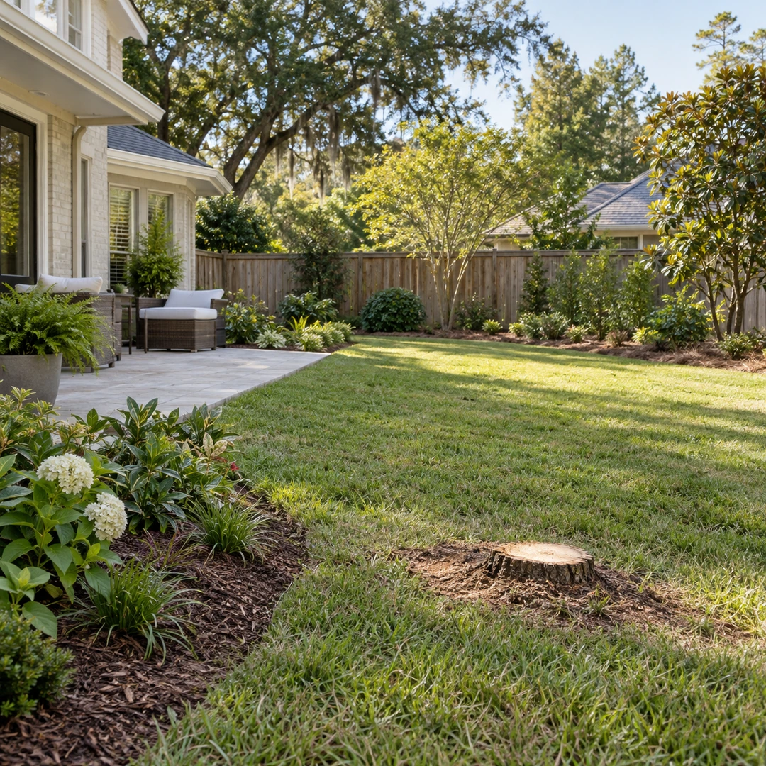 a cleared residential lawn area after tree removal with a low remaining stump and undamaged planting bed beside the patio