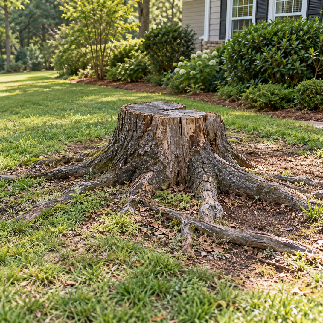 a weathered stump in a Georgia lawn near a home with exposed surrounding roots and a clear view of the work area