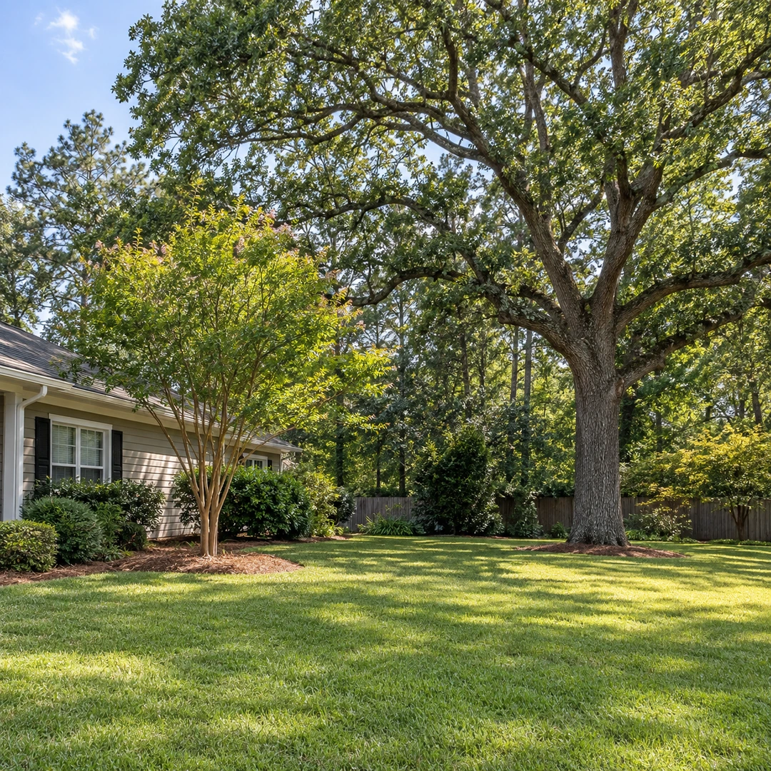 wide Georgia residential yard with a mature oak and a smaller tree near a modest home and clear open lawn for tree removal planning