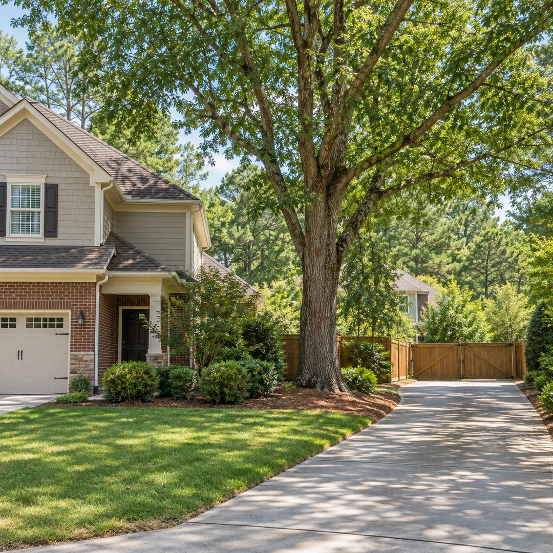 a tree near a suburban Georgia house, driveway and wooden fence with access routes clearly visible and no people