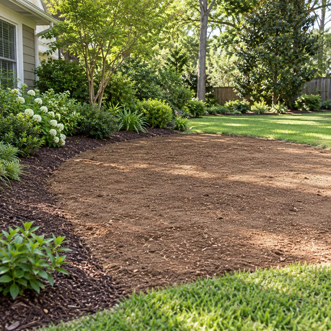 a level cleared soil area after stump removal beside a tidy garden bed with space for lawn restoration
