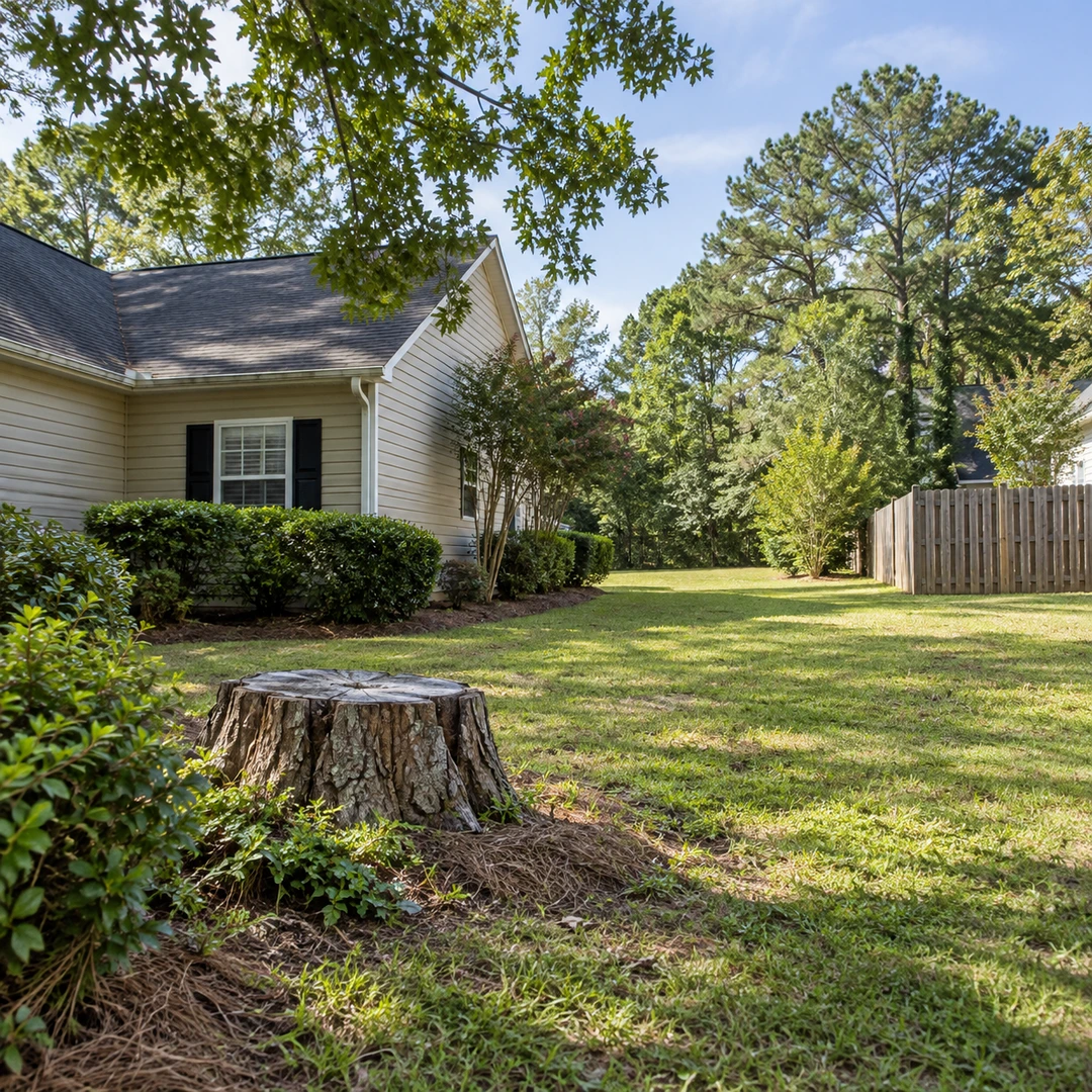 wide suburban Georgia property with a weathered stump beside a modest home, fence and open lawn access