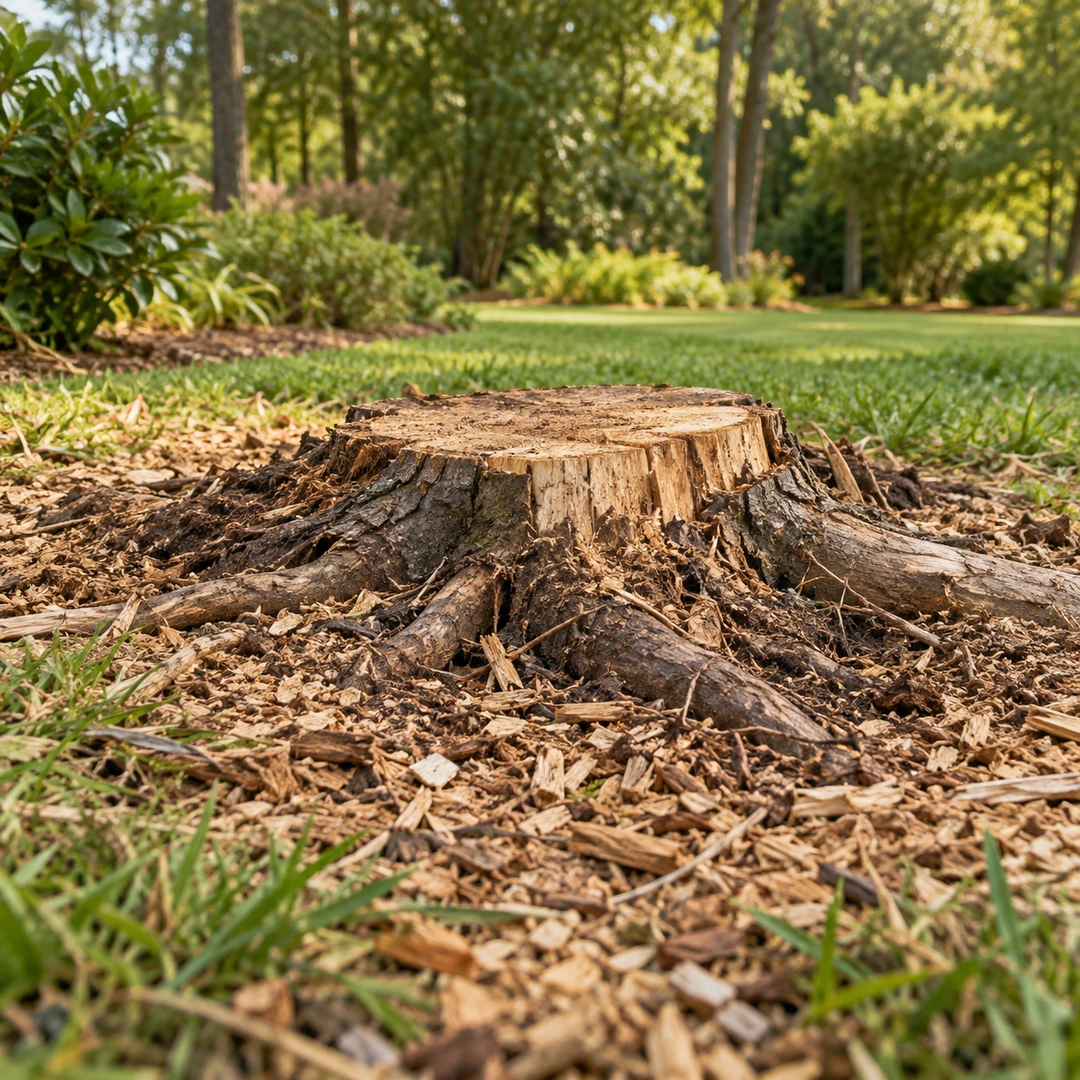 close ground level view of a stump with exposed shallow roots and surrounding wood chips in a Georgia lawn