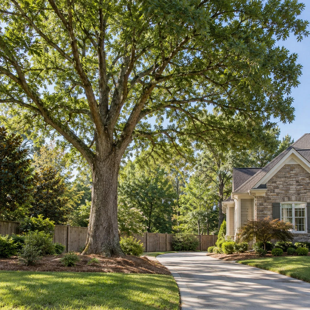 wide view of a mature tree near a Georgia home, fence and driveway with clear access for pruning assessment