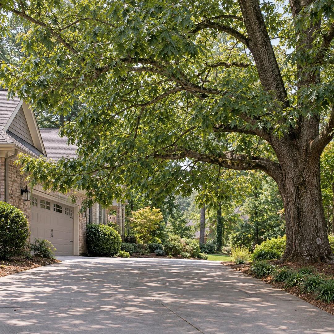 a mature Georgia shade tree with selected low branches crowding a residential driveway and a balanced retained canopy