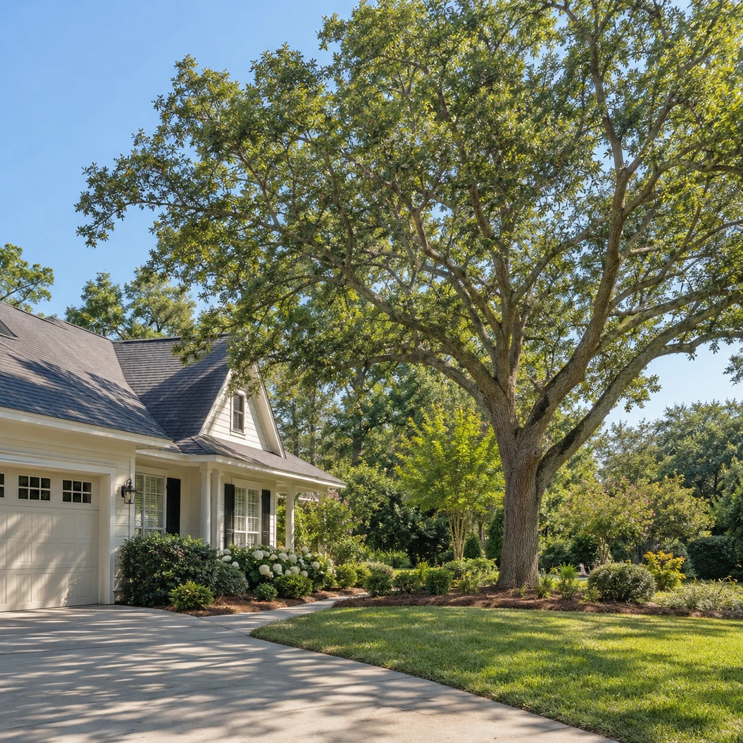 a mature shade tree fitting comfortably beside a home roofline and garden with clear driveway access and open canopy