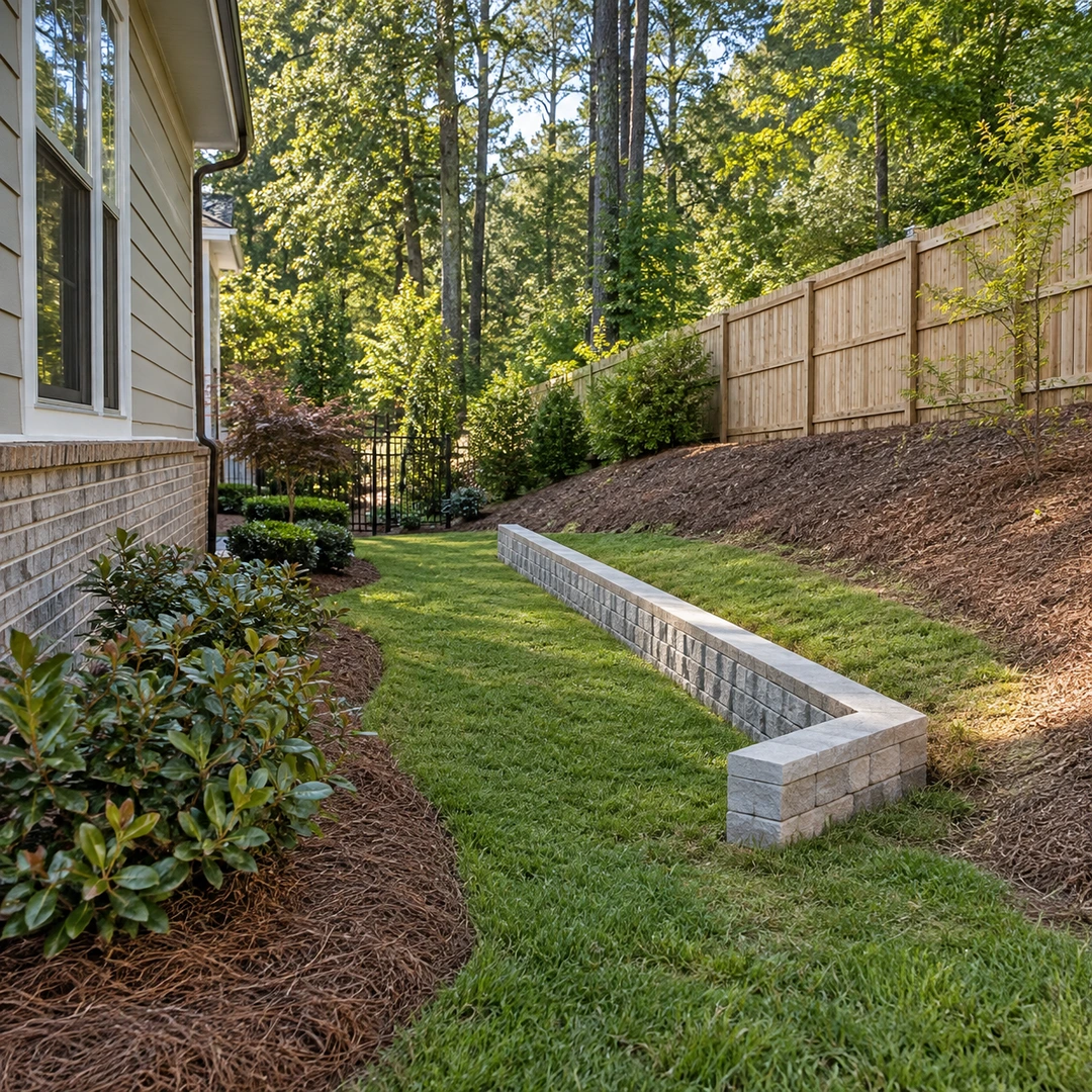 wide side yard with a proposed short wall footprint near a home, fence and visible grade transition