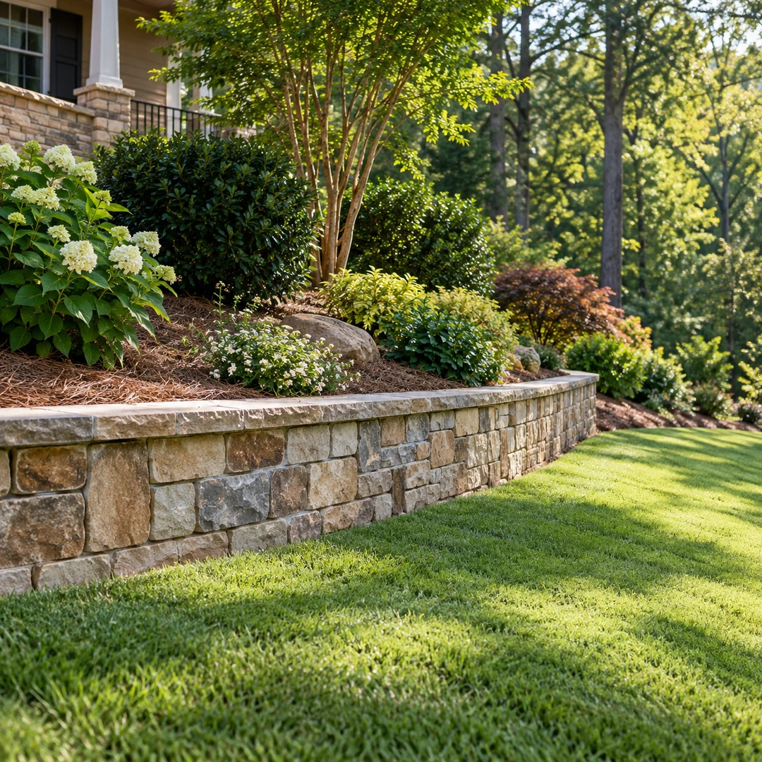 a low landscape retaining wall supporting a raised Georgia planting bed beside a gently sloping lawn