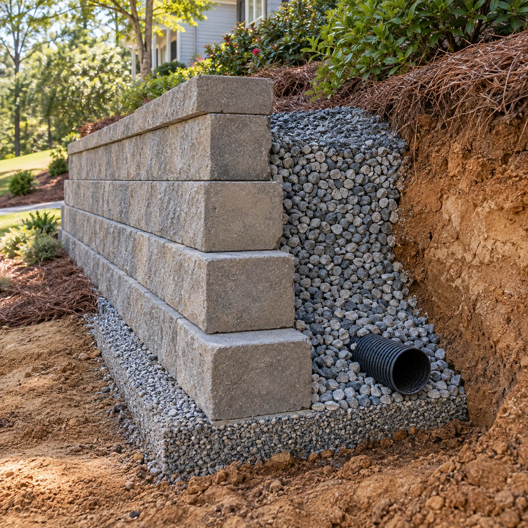 partial cross section of a low unfinished residential segmental block retaining wall with clean gravel backfill and realistic drainage pipe visible, no people
