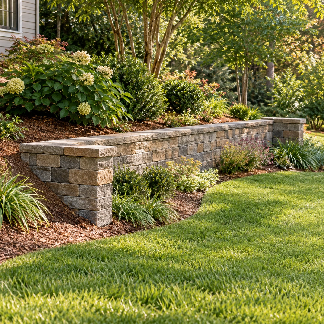 a finished short garden retaining wall with open wall ends and tidy grass and planting around the base