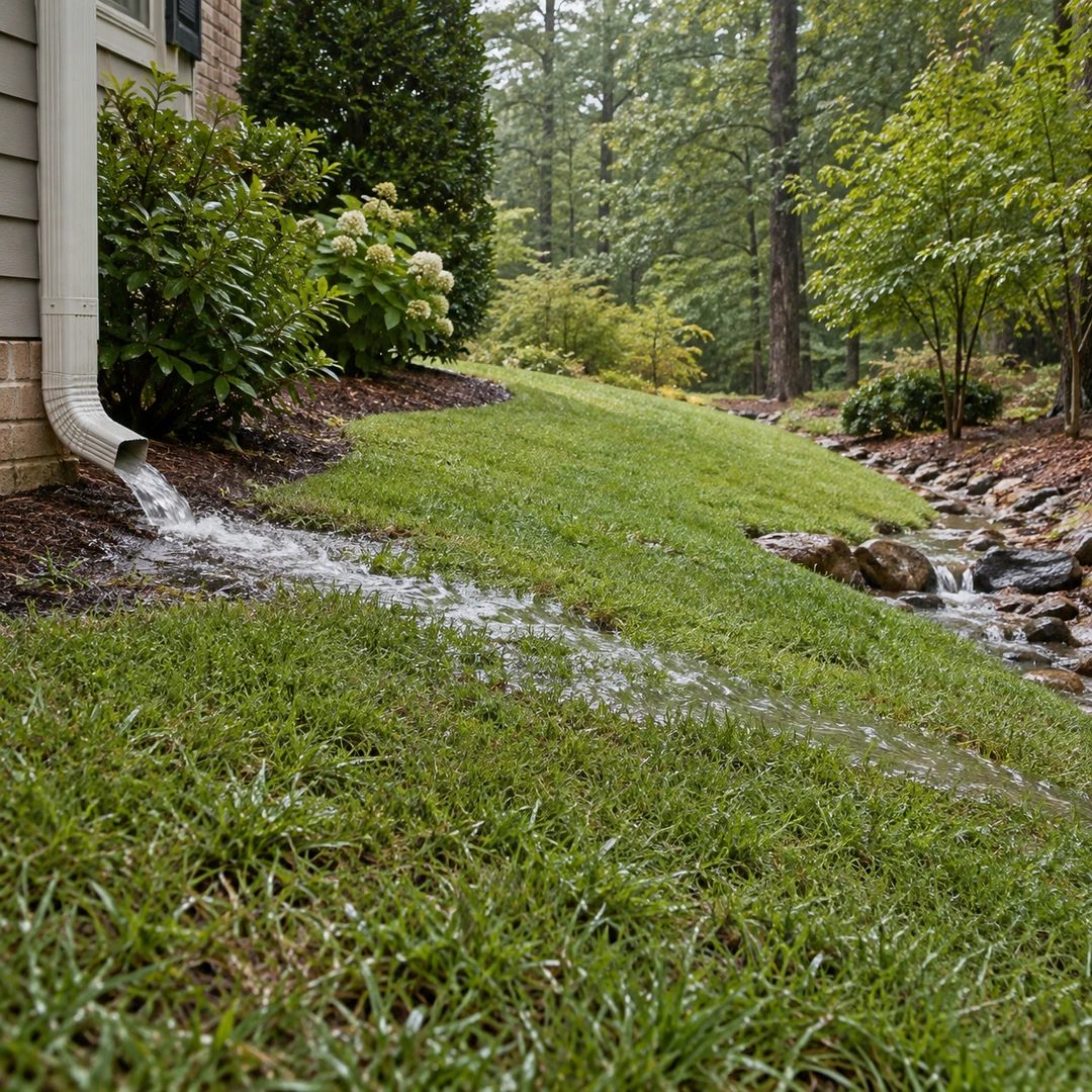 a damp residential lawn after rain with a visible downspout water source and a clear downslope drainage outlet route