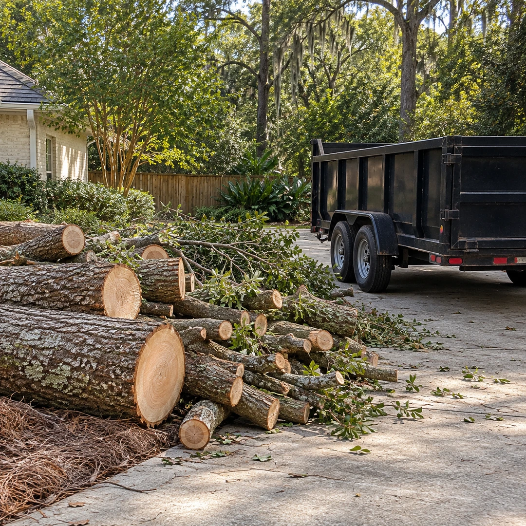 neatly staged cut hardwood logs and branches beside a parked plain black dump trailer on a residential driveway