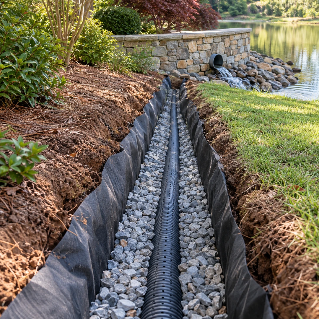 an open narrow French drain trench with landscape fabric, clean stone and realistic perforated pipe leading toward a visible exterior outlet