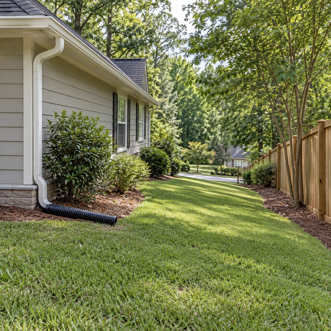 wide Georgia side yard with a modest house, downspout, fence and visible lawn grade providing a clear drainage planning view