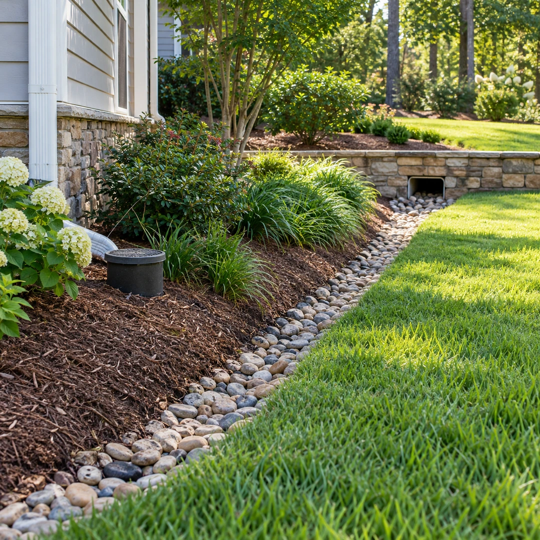 a maintained residential drainage route beside a planting bed with accessible cleanout and an unobstructed outlet, restored lawn