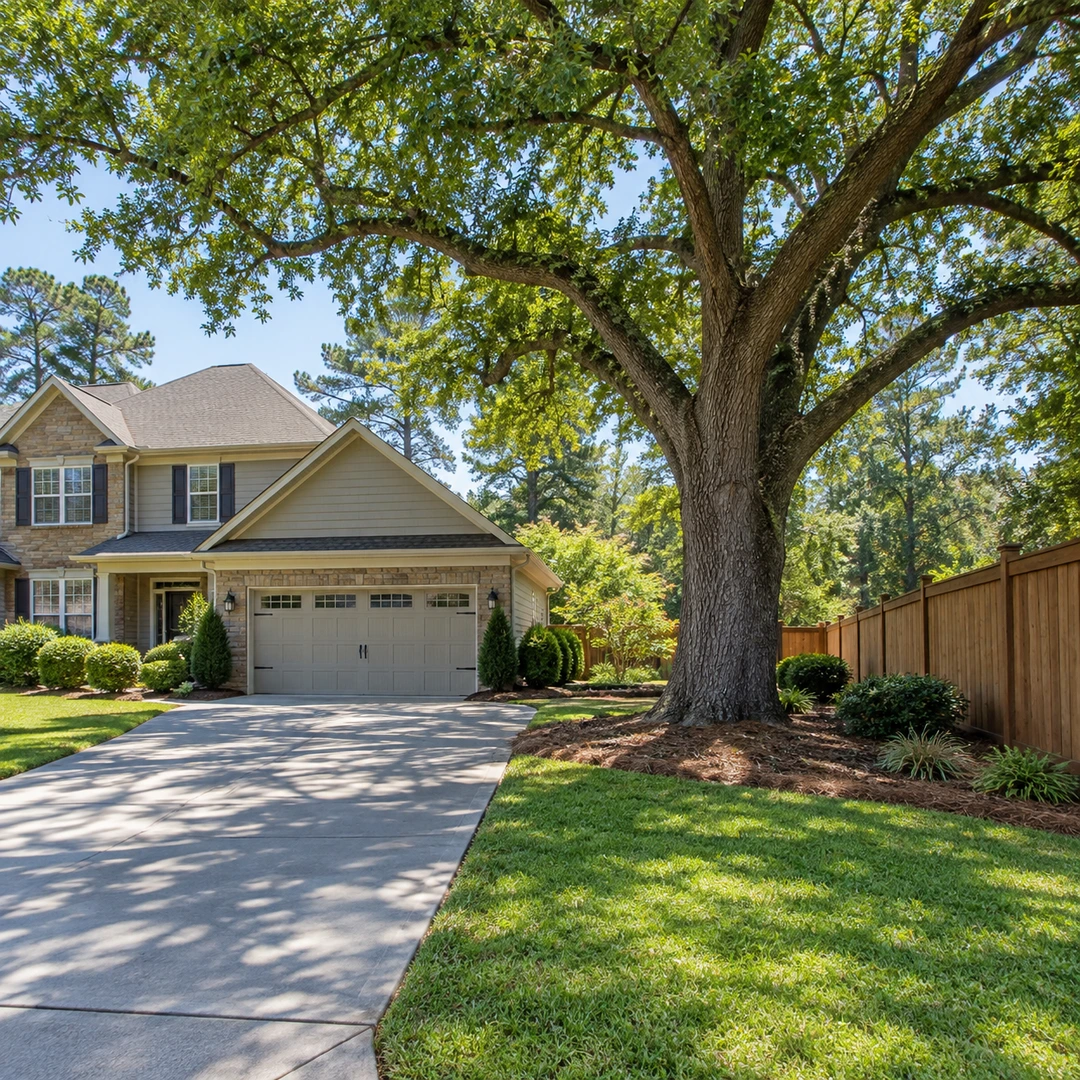 wide property view showing a mature tree relative to a house, driveway and wooden fence with access routes unobstructed