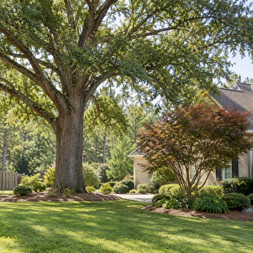 a large mature oak and smaller ornamental tree in a suburban Georgia yard close to a home with clear open access space