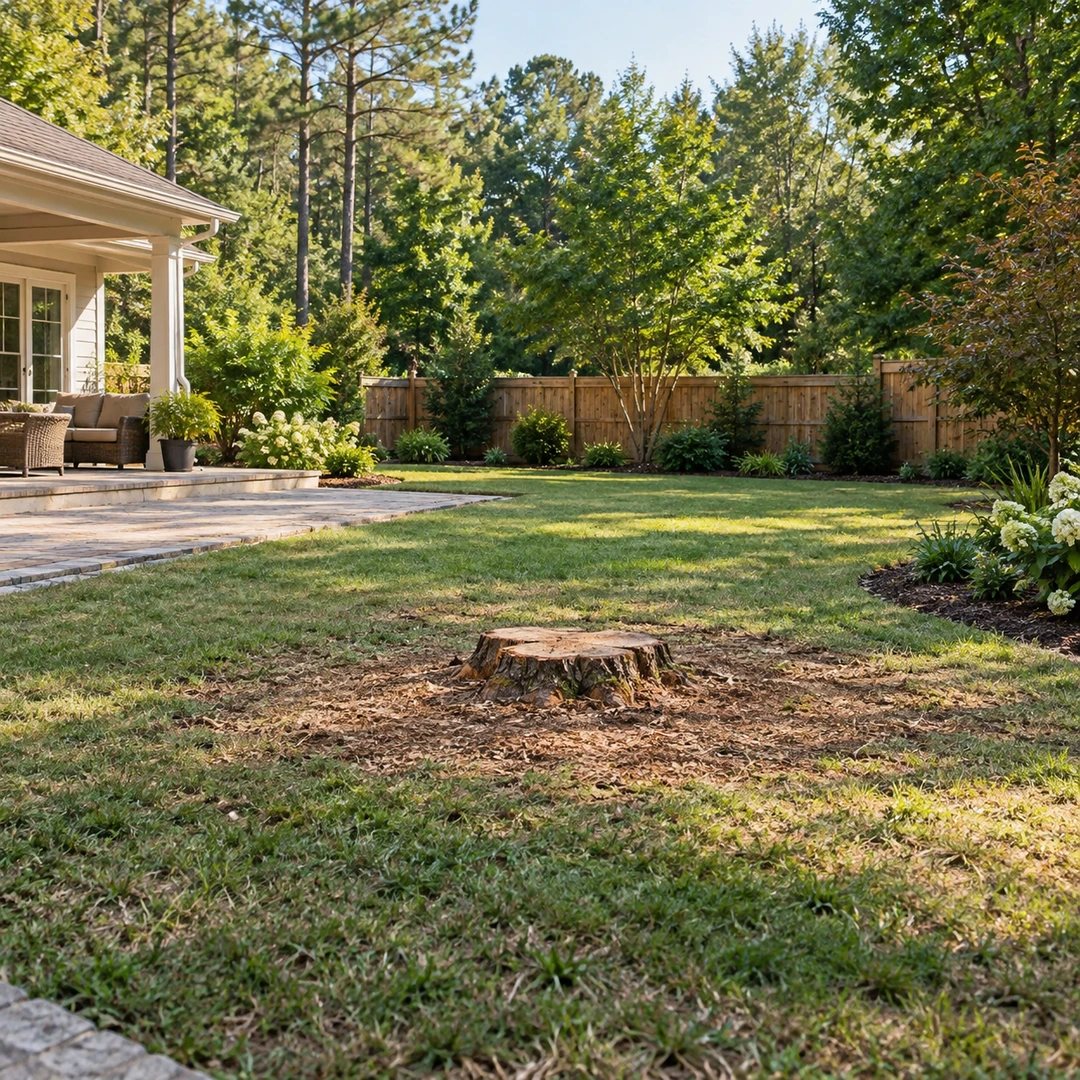 a cleared Georgia backyard space after tree removal with a remaining low stump, intact patio and undamaged garden beds