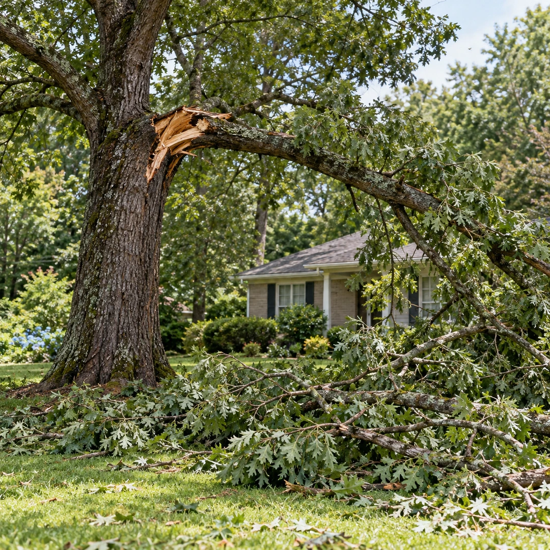 a storm damaged Georgia shade tree with a broken branch and fallen limbs on a residential lawn, modest house in the distance