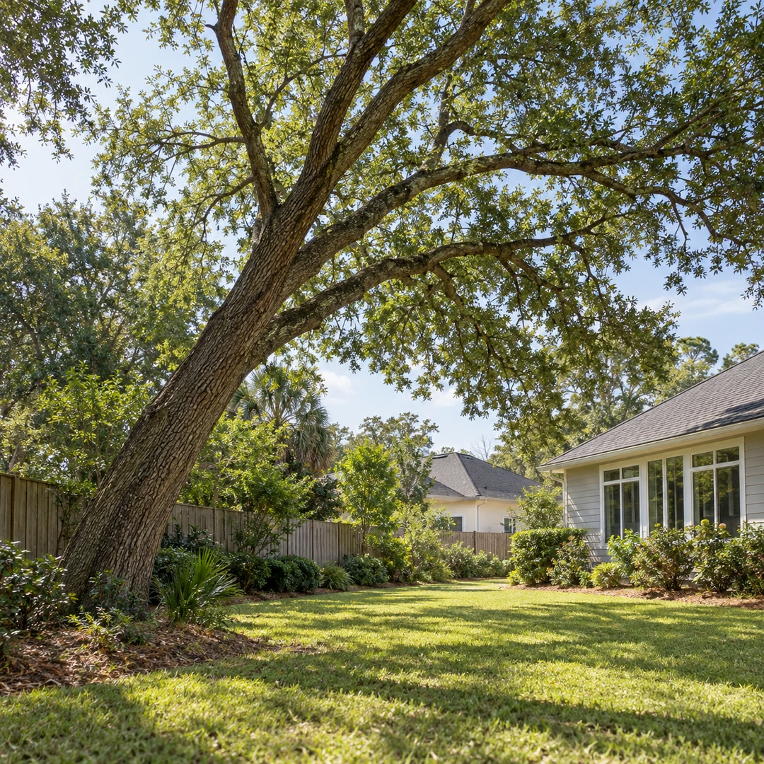 diagonal side view of a leaning shade tree with branches extending into the open yard and surrounding structures clearly visible