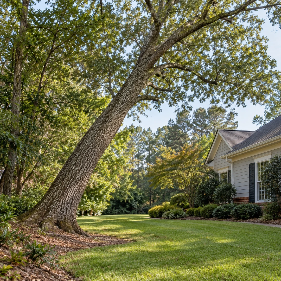a mature tree visibly leaning toward an open part of a residential Georgia lawn near a modest home
