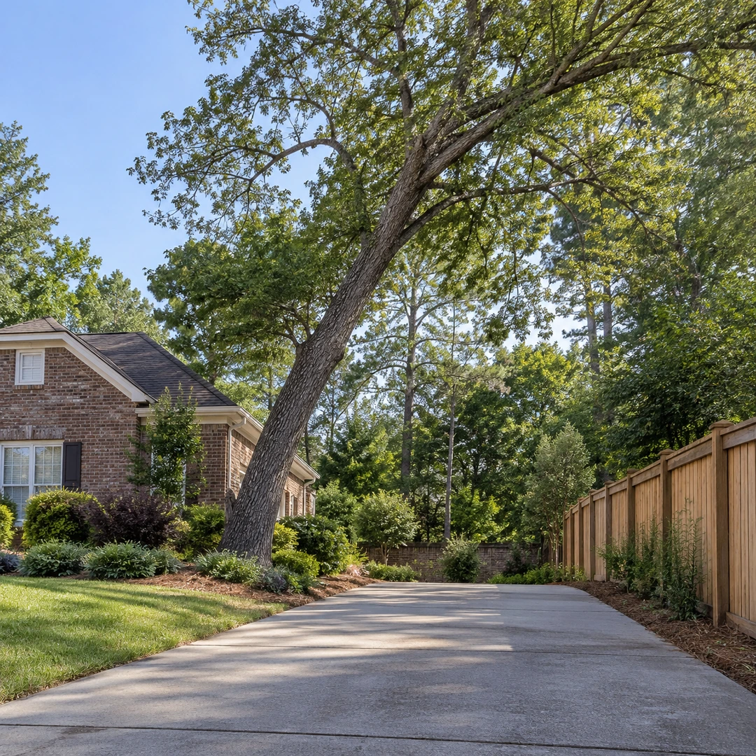 wide ground level view of a leaning tree relative to a house and fence with clear open access from a driveway