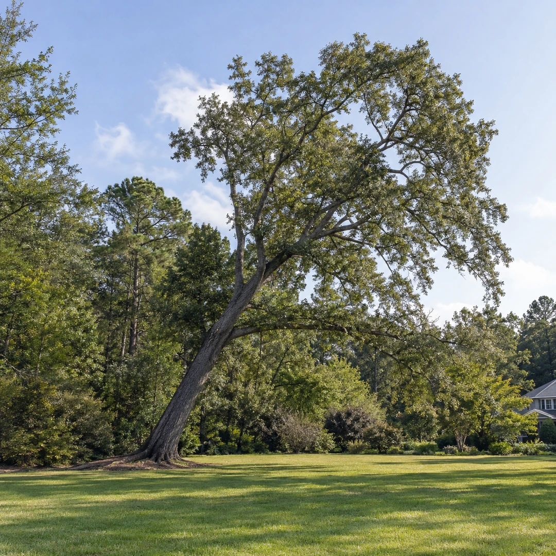 a leaning tree viewed from far across an open Georgia lawn with no people or objects beneath the affected canopy