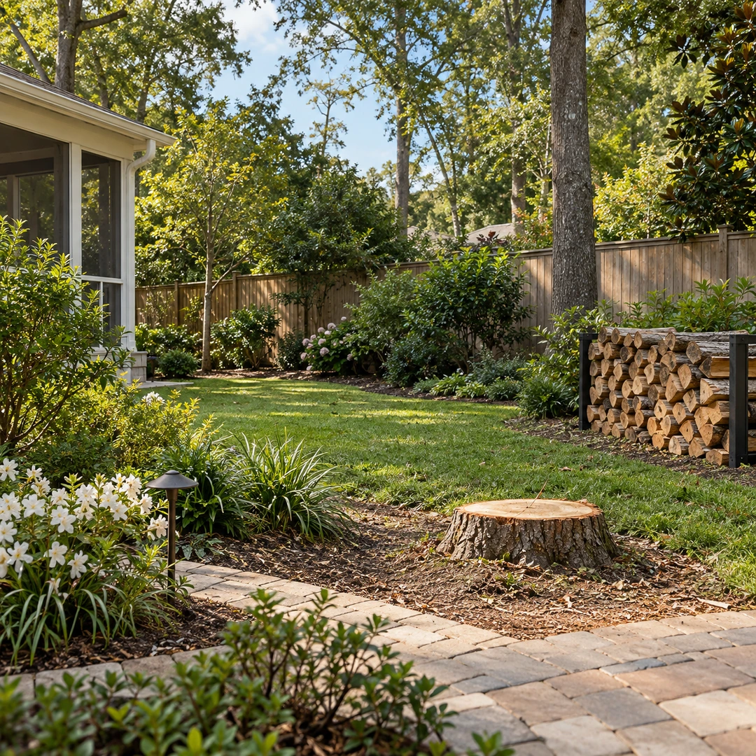 a residential backyard after storm debris cleanup with a low stump, neatly retained firewood and undamaged garden planting