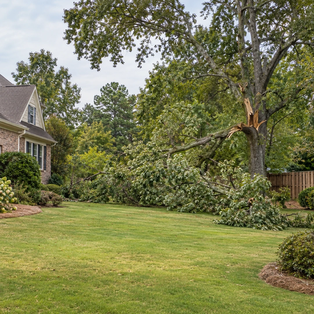 wide suburban Georgia lawn with a storm damaged mature tree near a house and fence with clear access around fallen branches