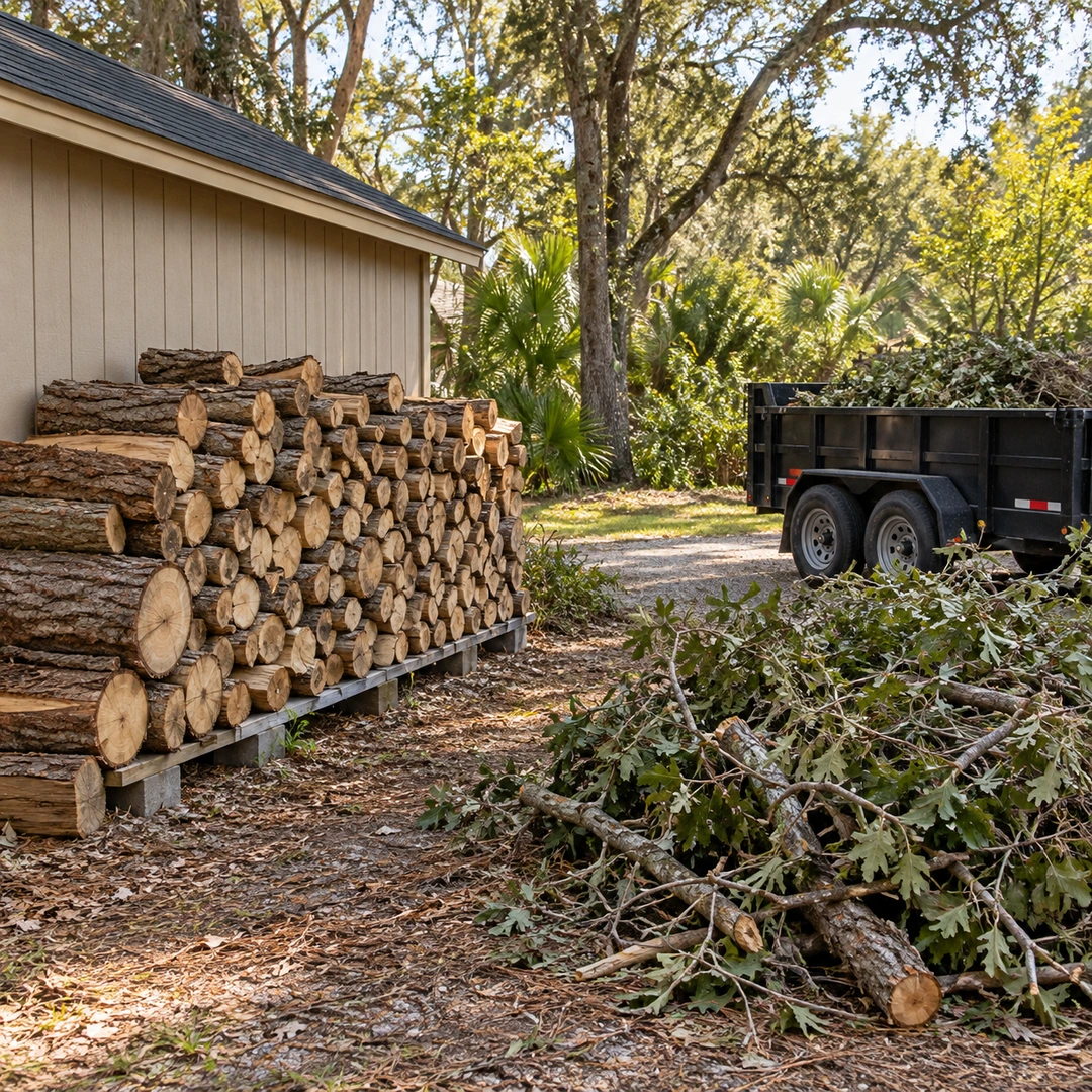 neatly retained firewood stacked beside a garden shed while loose branches are staged separately near a parked dump trailer