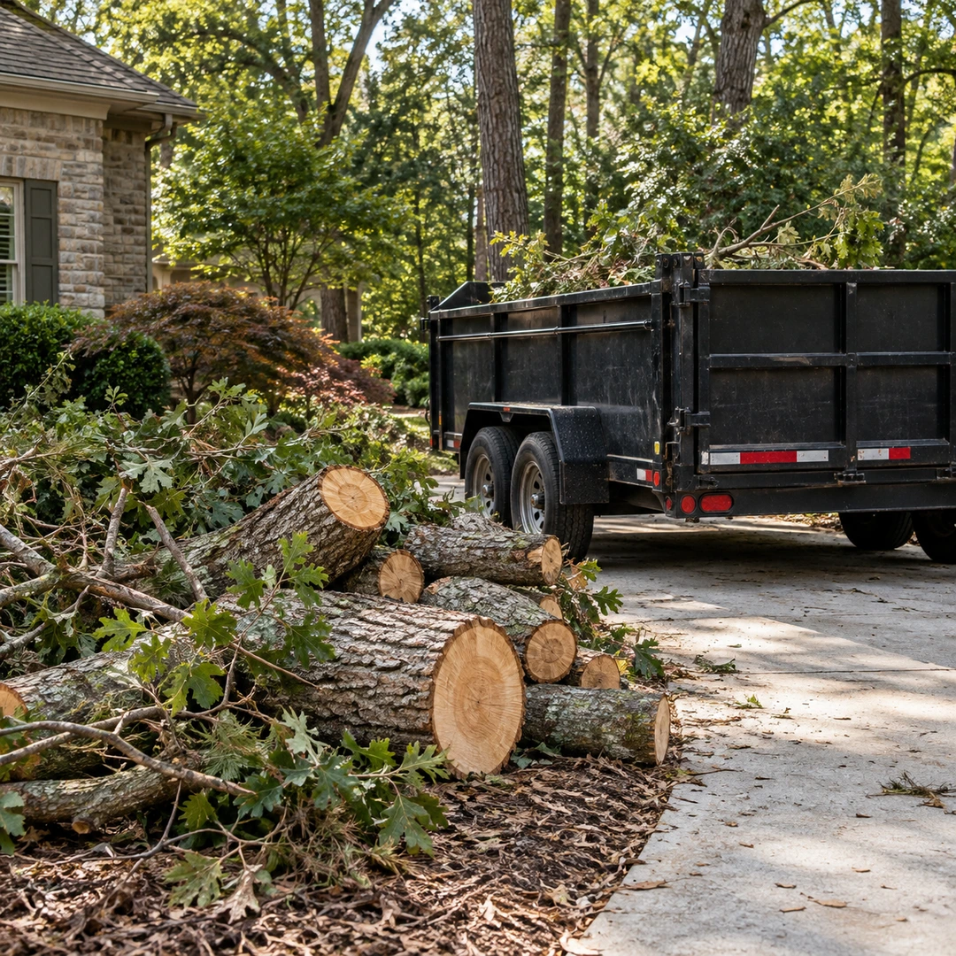 cut hardwood rounds and branch debris staged beside a parked unbranded black dump trailer on a Georgia residential driveway
