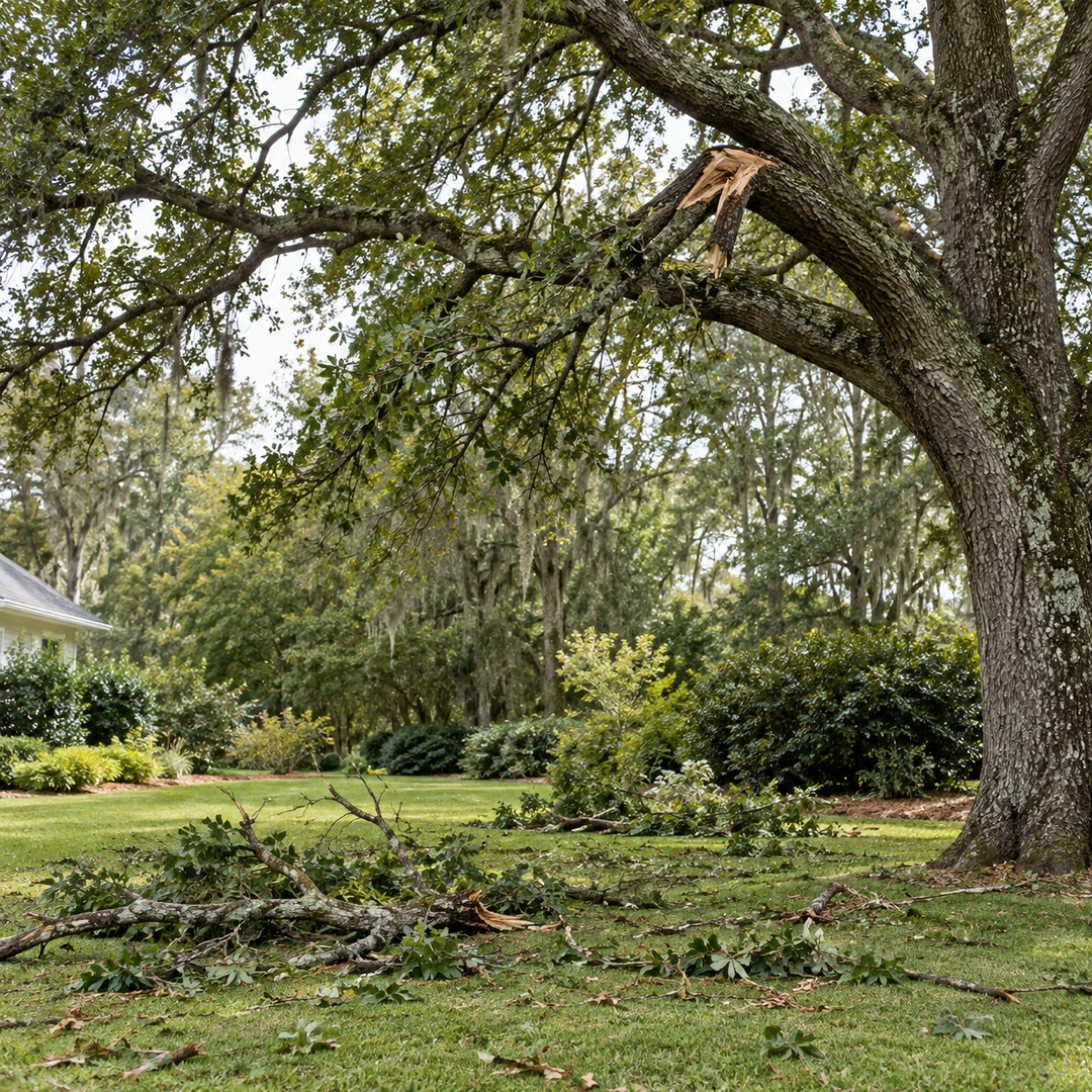 a damaged branch remaining overhead in a mature tree with separate fallen limbs on the lawn below, seen from safe distance