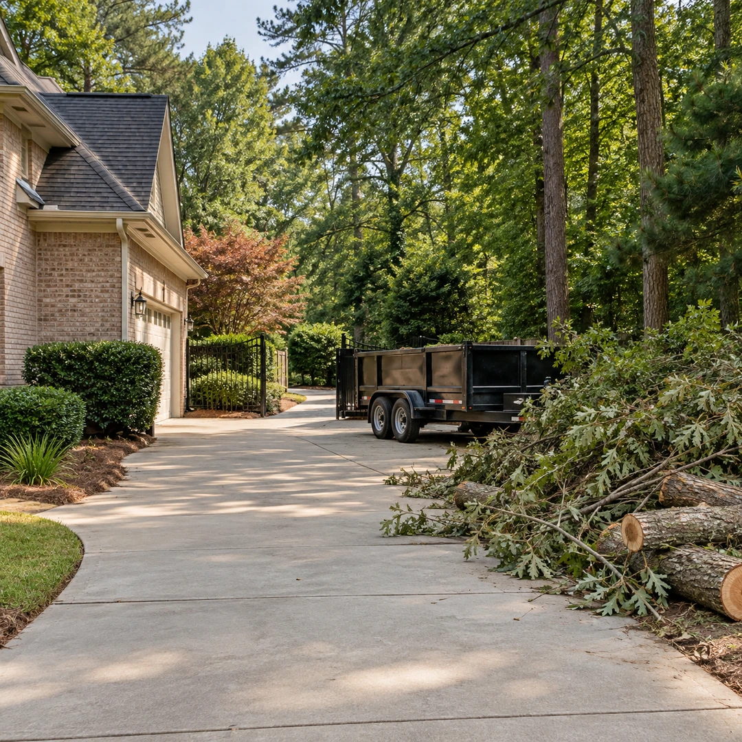 wide driveway and side gate access beside a Georgia home with staged tree debris and a parked plain dump trailer