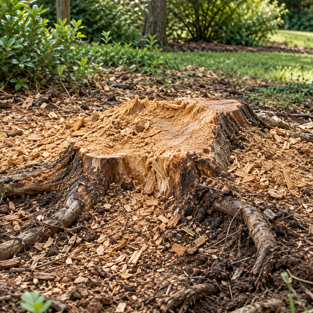 close view of a partly ground stump with realistic wood chips and exposed roots in the surrounding soil