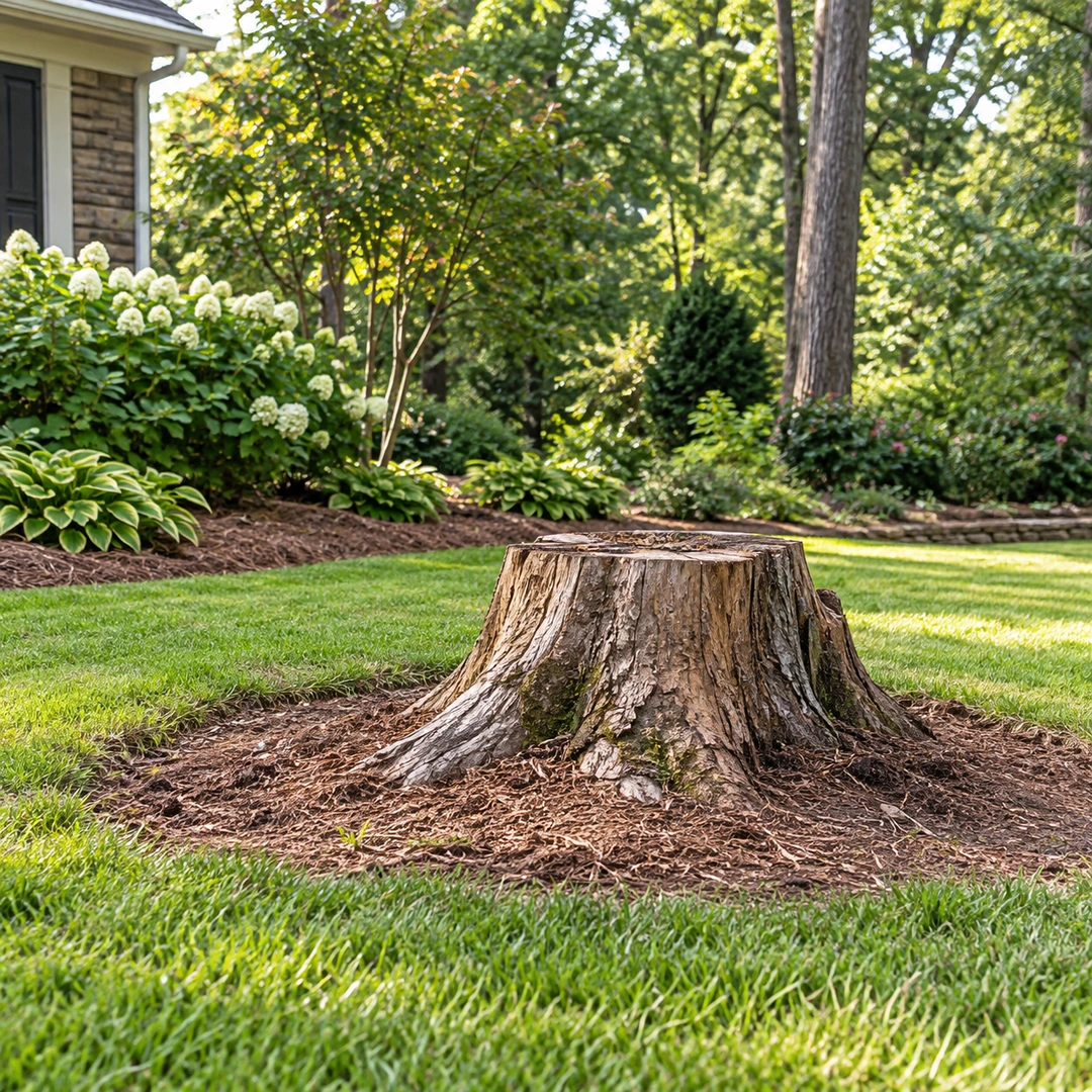 a weathered stump in a Georgia garden lawn with space for future planting and clear access around it