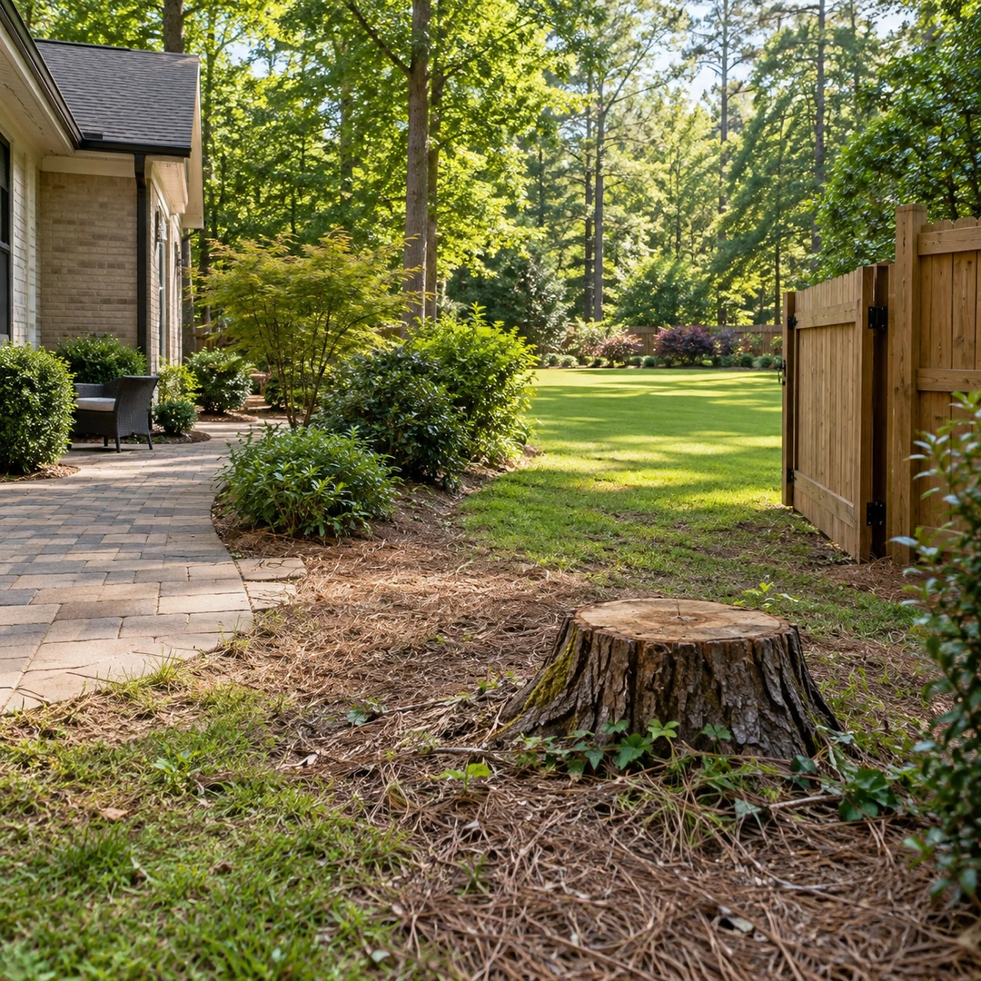 wide Georgia side yard with a stump near a gate, patio and open lawn access for stump grinding planning