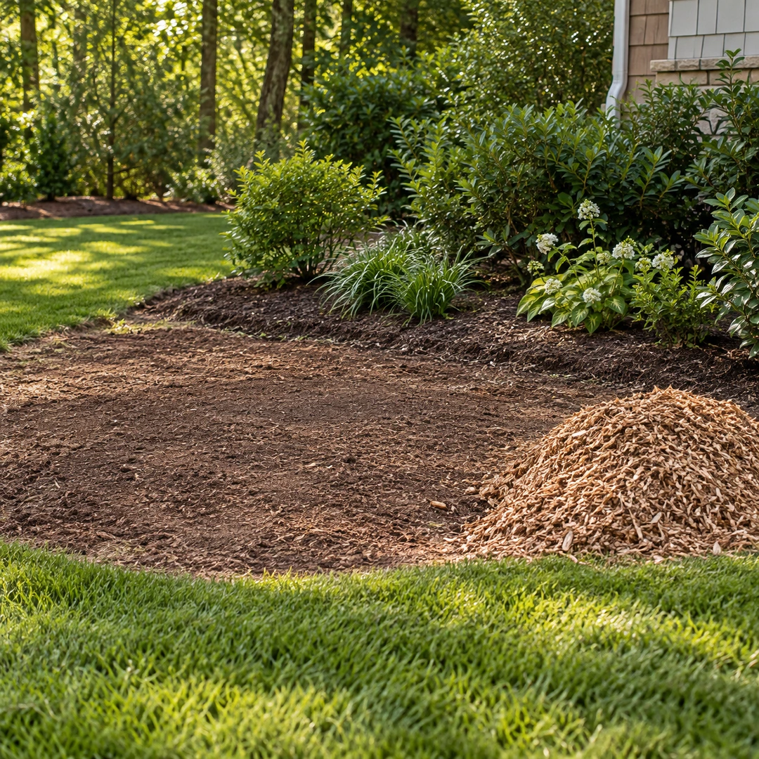 a level cleared soil patch after stump grinding beside a tidy planting bed with a separate small pile of wood chips