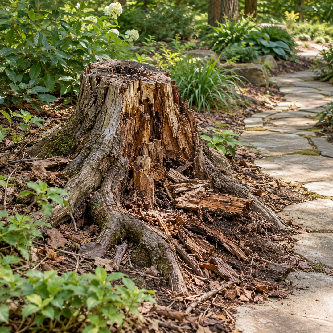 a decayed old stump with loose wood fragments and exposed roots beside a Georgia garden path