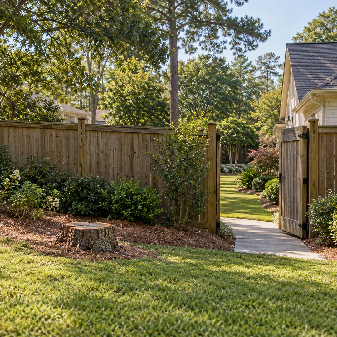 wide suburban yard with low stump near gate showing walking access and boundary fence