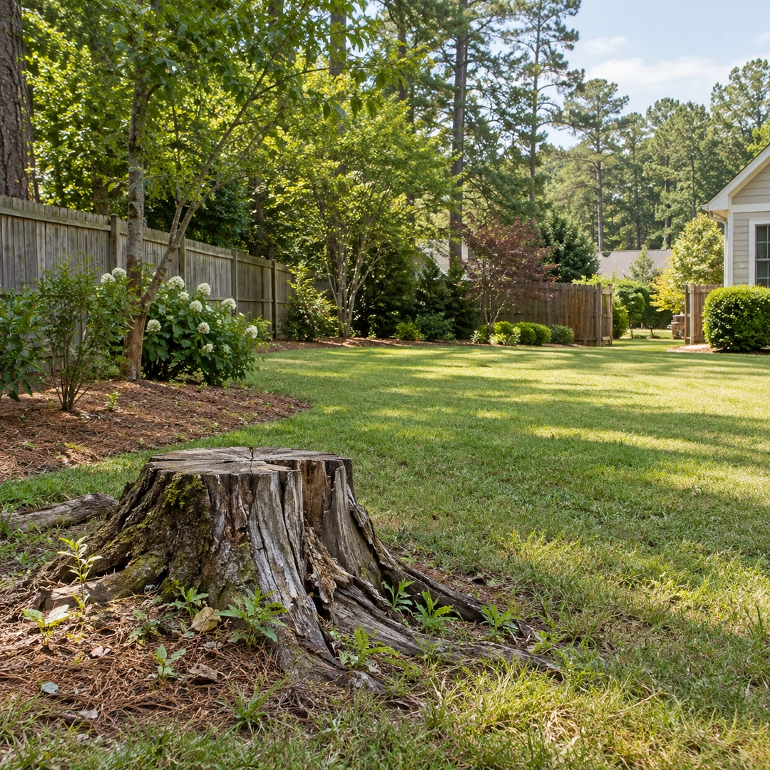 wide Georgia backyard with weathered old stump and open access between fence and lawn
