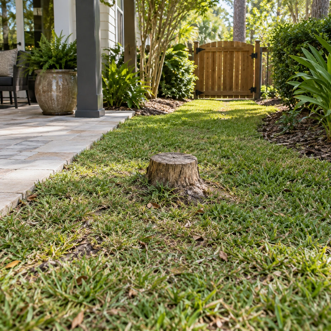 ground level view of short stump interrupting lawn walking route between patio and gate