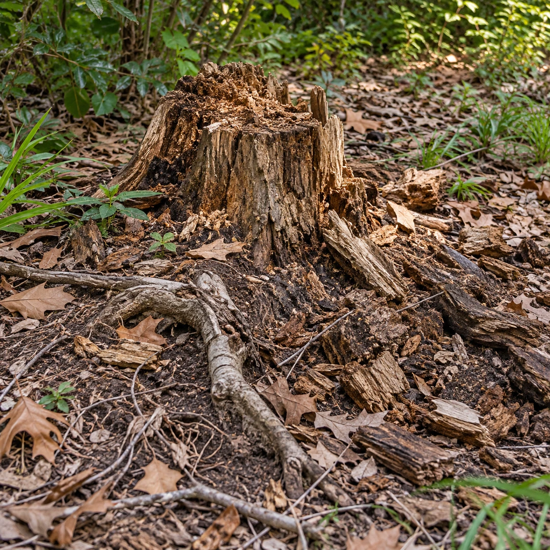 close view of decaying stump surrounded by loose wood fragments exposed roots and dry leaves