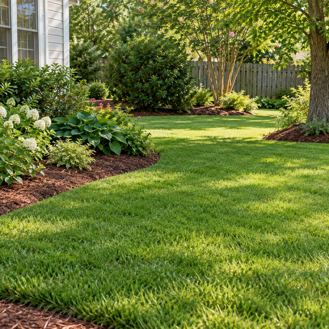 smooth reclaimed lawn patch with fresh grass where an old stump has been removed, garden bed nearby