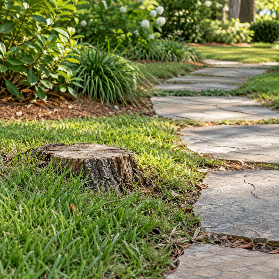 low tree stump protruding from grass beside a frequently used stepping stone path